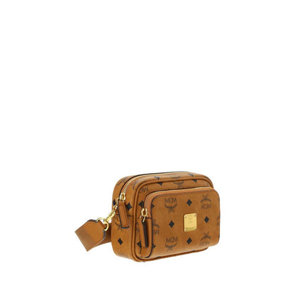 MCM Brown Cotton Shoulder Bag with iconic monogram print, gold-tone logo plaque, and adjustable strap, perfect for any occasion.