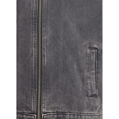 Close-up of zipper and fabric on 7FOR Gray Cotton Denim Jacket showing welt pocket and topstitching detail.