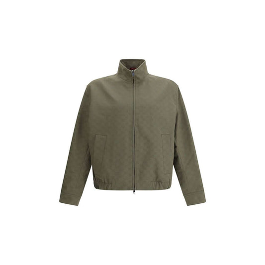 Gucci Green Cotton Bomber with high collar and front zipper, featuring GG Supreme design, ribbed cuffs, and side pockets for AW25.