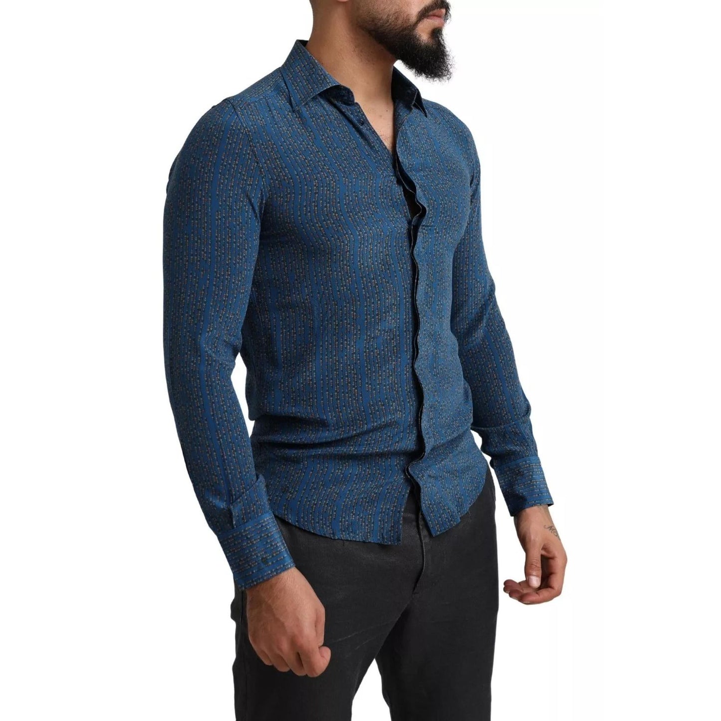 Dolce & Gabbana Blue MARTINI Silk Slim Fit Long Sleeves Shirt