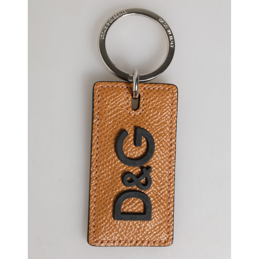 Dolce & Gabbana Brown Leather Logo Metal Ring Keychain Holder Men Keyring with D&G logo on leather and silver ring