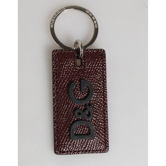 Dolce & Gabbana Dark Brown Leather Logo Metal Ring Men Keychain Keyring with silver detailing and embossed logo, luxury accessory.