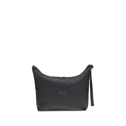 Y-3 Black Polyamide Shoulder Bag with zippered top closure and adjustable strap, featuring a printed logo for a contemporary design.