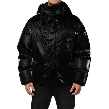 Dolce & Gabbana Black Logo Full Zip Hooded Quilted Jacket