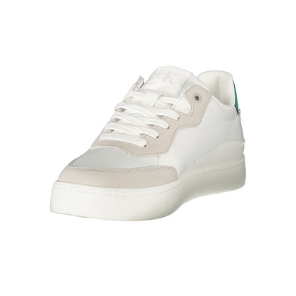 Calvin Klein White Leather Men Sneaker with lace-up design, removable footbed for comfort, and signature logo detail for trendsetters.