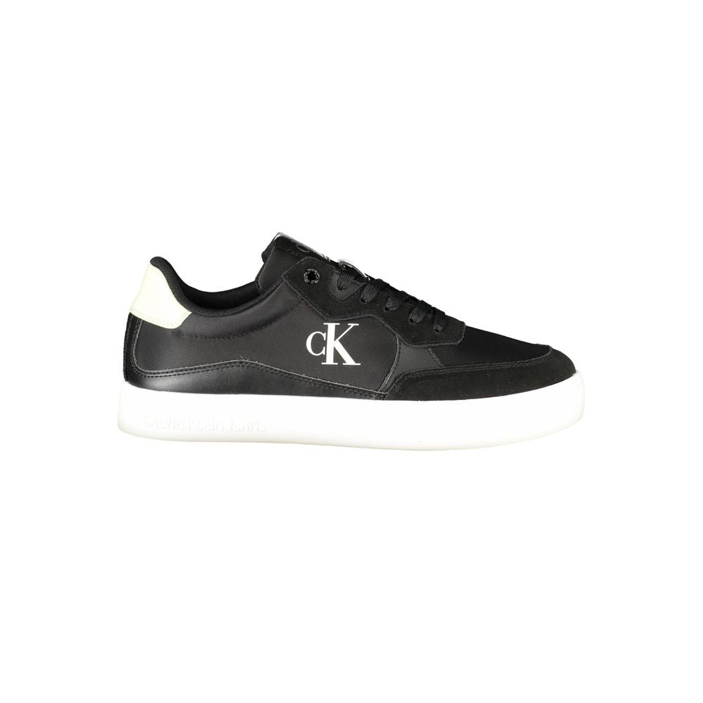 Calvin Klein Black Leather Men Sneaker with iconic logo and removable footbed for modern style and comfort.