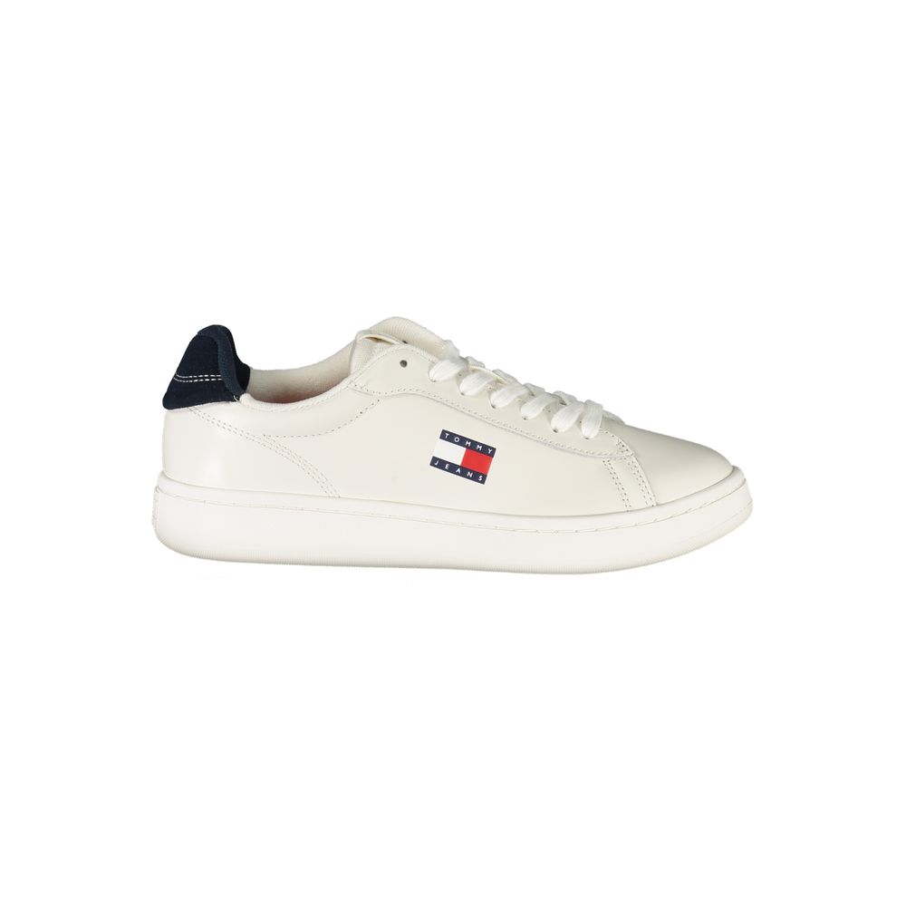 Tommy Hilfiger White Leather Women Sneaker with blue accents and iconic logo, showcasing stylish sports luxury and comfort.