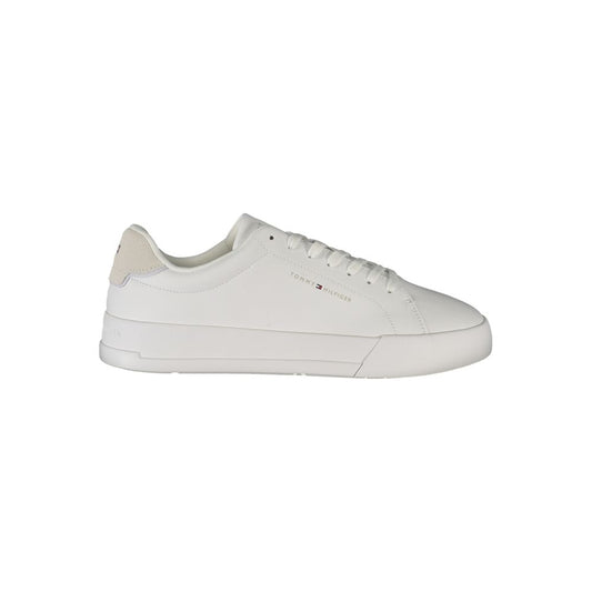 Tommy Hilfiger White Leather Men Sneaker with grey accents and logo, offering casual sophistication and style.