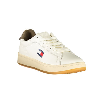 Tommy Hilfiger White Leather Women Sneaker with brown accents and logo, featuring removable footbed for comfort and style, sporty luxury shoe.