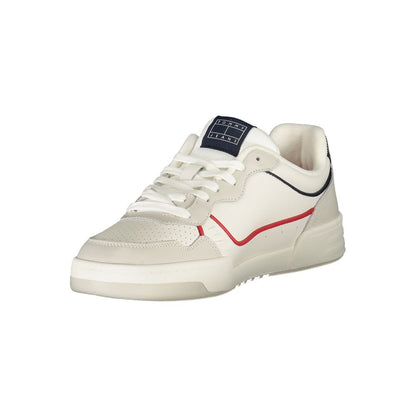 Tommy Hilfiger White Leather Men Sneaker with red and blue accents, featuring a customizable removable footbed for style and comfort.