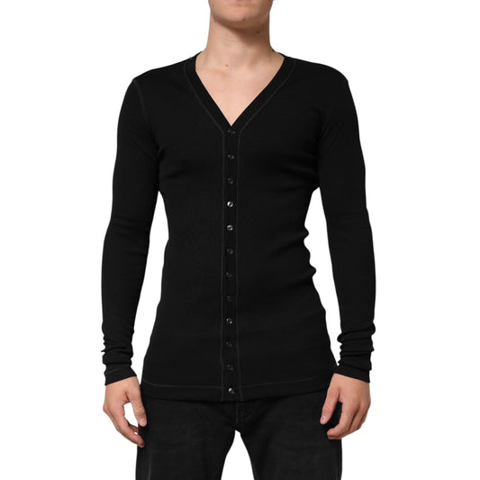 Dolce & Gabbana Black Cotton Button Up Men Cardigan Sweater showcasing sleek design and V-neck style.