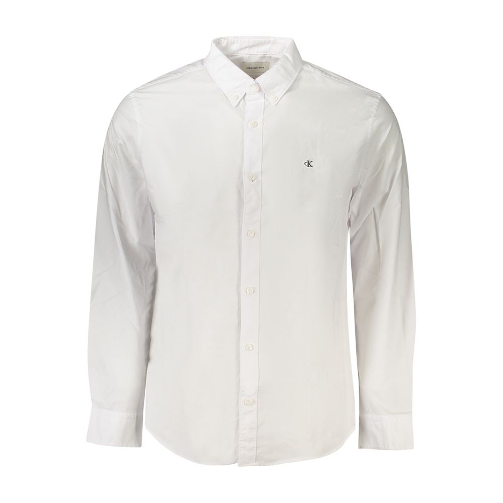 Calvin Klein White Cotton Men Shirt with button-down collar and logo embroidery, classic fit long-sleeve, perfect for modern sophistication.