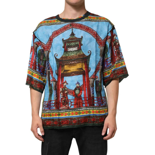 Dolce & Gabbana Multicolor Cotton Linen Temple Print T-shirt