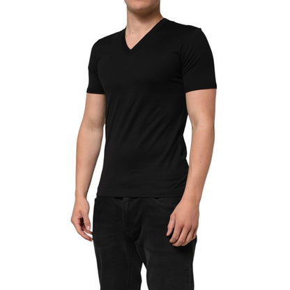Dolce & Gabbana Black Cotton Plain V-Neck Men Shirt T-shirt