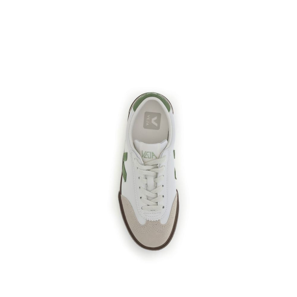Top view of Veja White Leather Low Top Sneakers with lace-up design and green accents, inspired by 1970s Brazilian volleyball shoes.