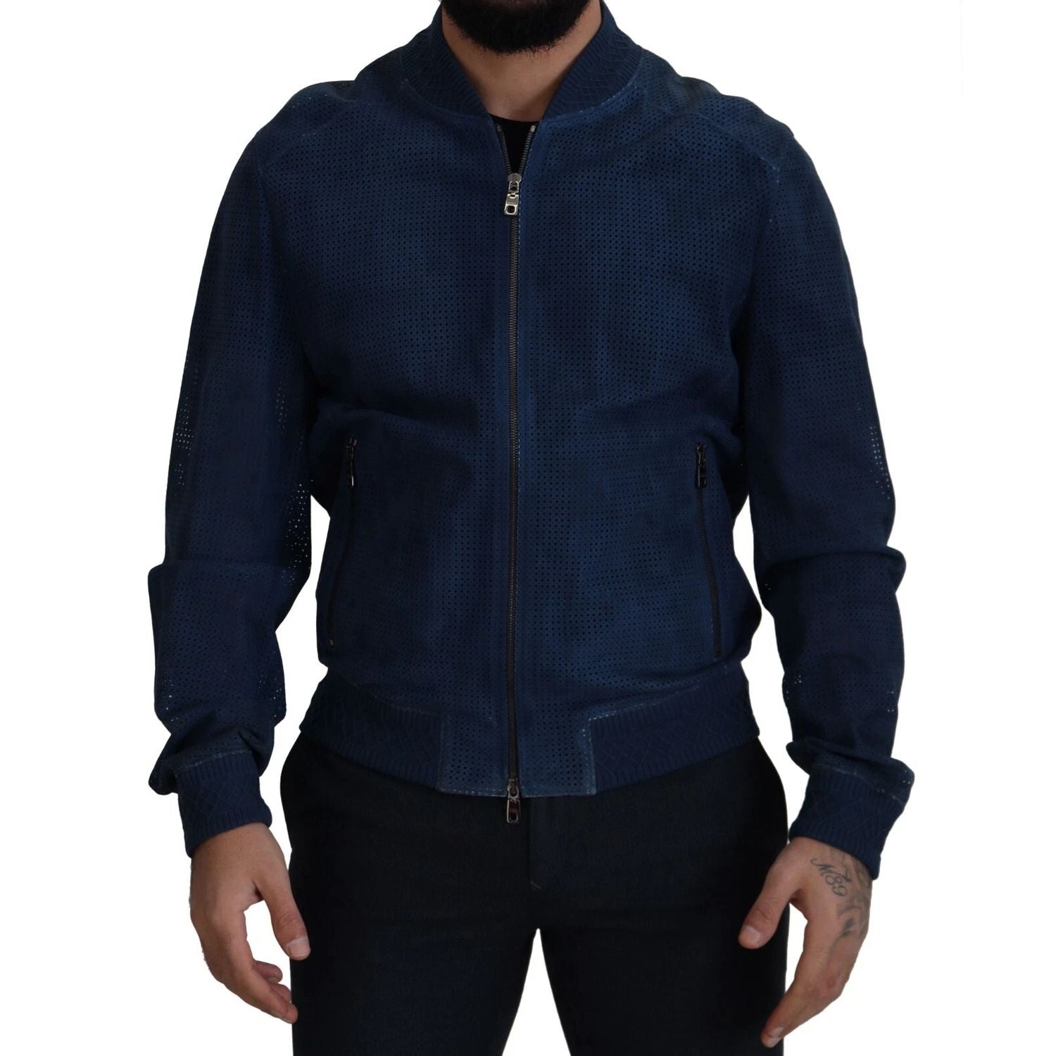 Dolce & Gabbana Blue Leather Perforated Full Zip Jacket