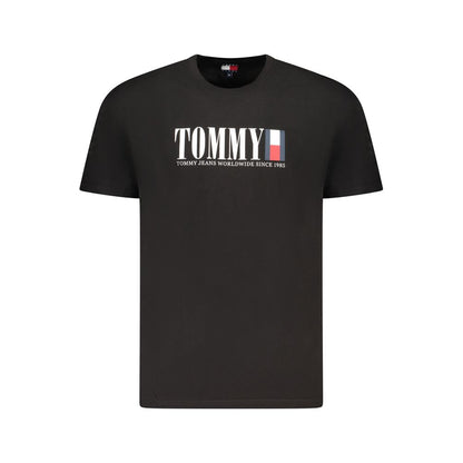 Tommy Hilfiger Black Cotton Men T-Shirt featuring iconic logo on front, perfect for casual elegance and trendsetting fashion.
