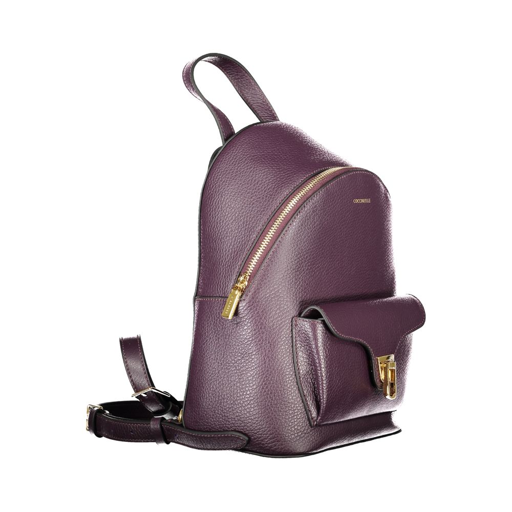 Coccinelle Purple Leather Women Backpack with sleek design, gold twist closure, and adjustable straps, showcasing Italian craftsmanship.