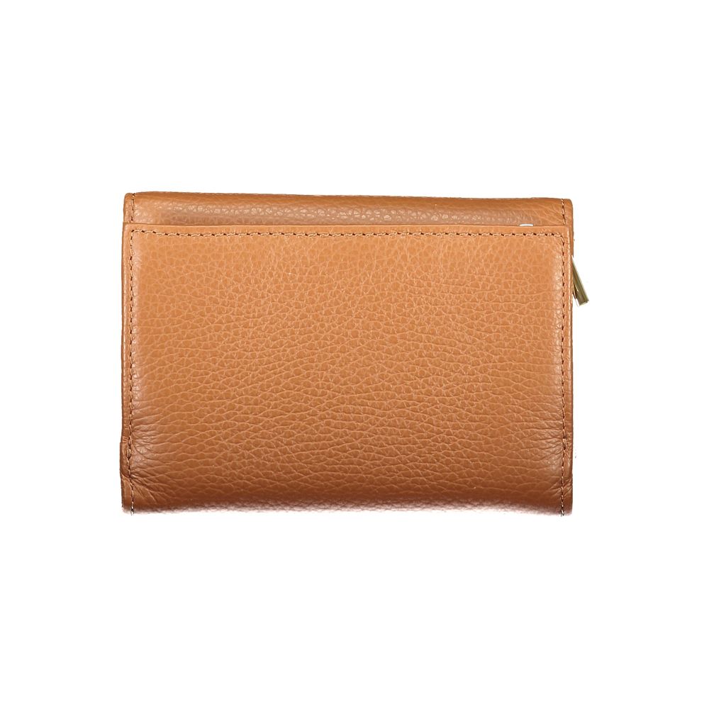 Coccinelle Brown Leather Women Wallet with zip and snap closure, featuring multiple compartments and an iconic logo design.
