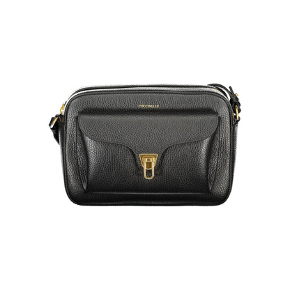 Coccinelle Black Leather Women Handbag with adjustable shoulder strap and twist closure pocket, showcasing Italian craftsmanship and elegance.