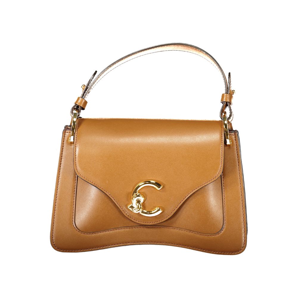 Coccinelle Brown Leather Women Handbag with gold logo, elegant design, and versatile straps.