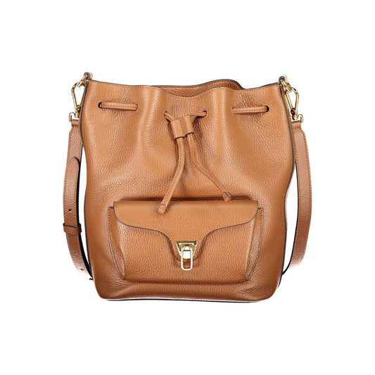 Coccinelle Brown Leather Women Handbag with adjustable strap and drawstring closure, showcasing Italian craftsmanship and contemporary design.