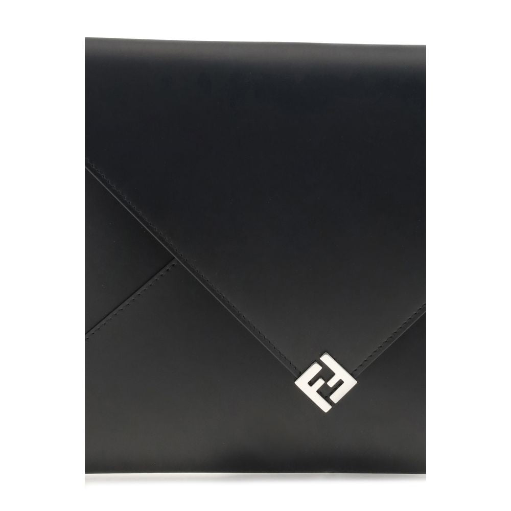 Fendi Black Leather Clutch Bag with large format and cuff handle, featuring FF logo and snap-button closure, ideal for essentials.