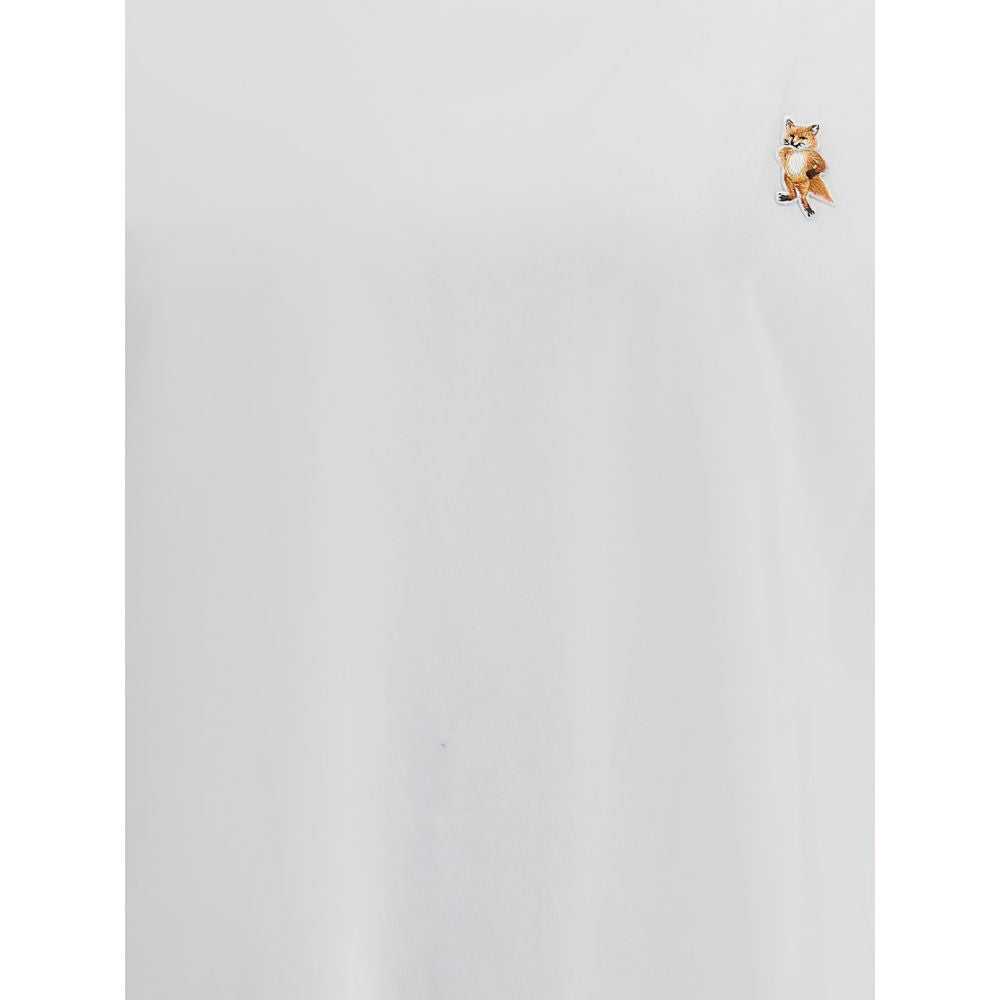 Maison Kitsuné White Cotton T-Shirt with Standing Fox embroidery on chest, featuring a ribbed crew neck and short sleeves.