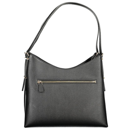 Guess Jeans Black Polyethylene Women Handbag with zipper pocket and sleek strap design.