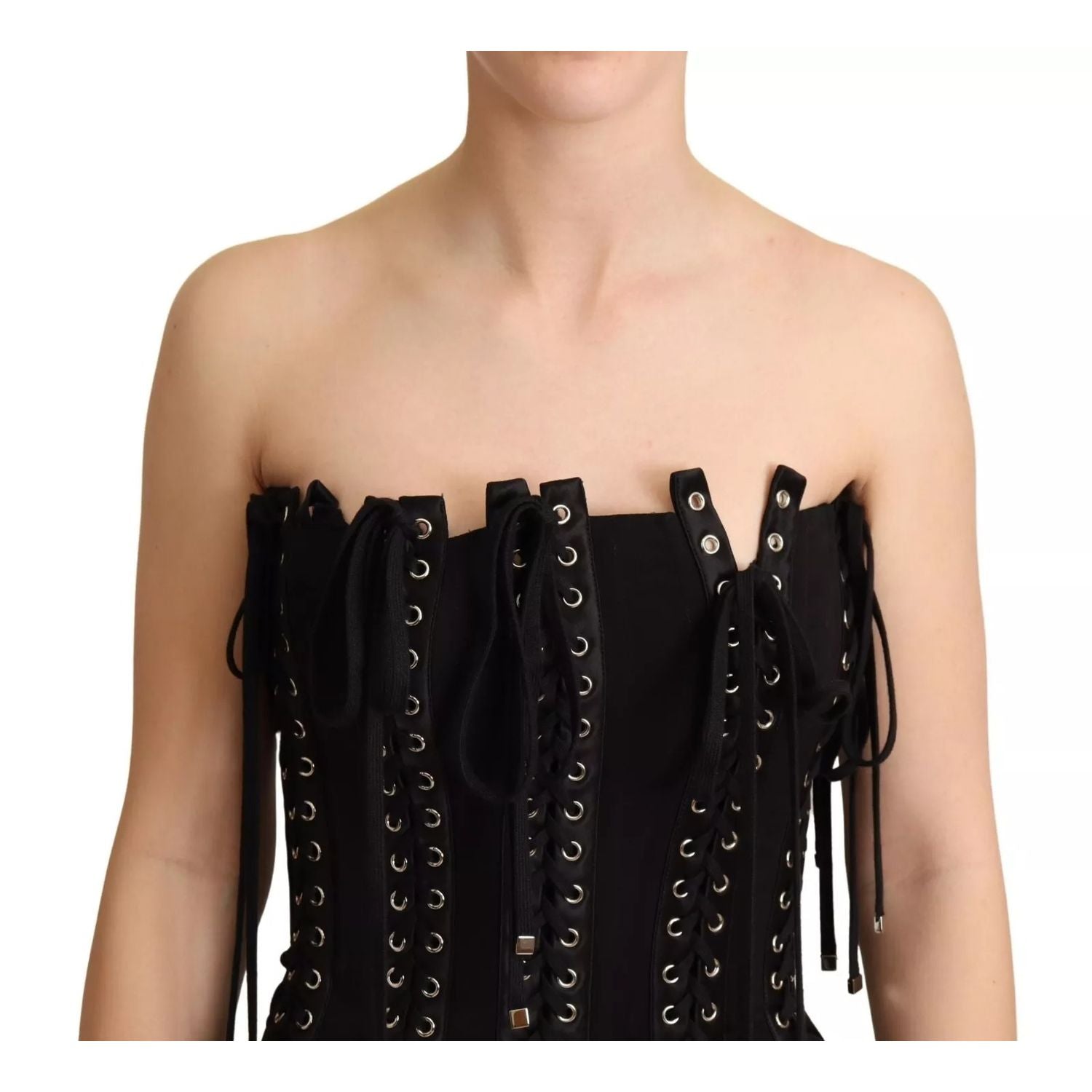 Dolce & Gabbana Black Cady Sleeveless Lace Up Bodycon Dress