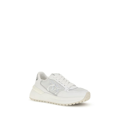 PINKO White Calf Leather Bos Taurus Chunky Sneakers with mirrored detail and Love Birds logo, featuring comfort leather insole and rubber sole.