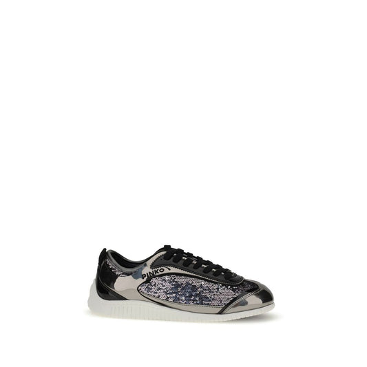 PINKO Silver Nylon Chunky Sneakers with sequins and rubber sole, featuring a round toe and lacing for a glamorous casual look.