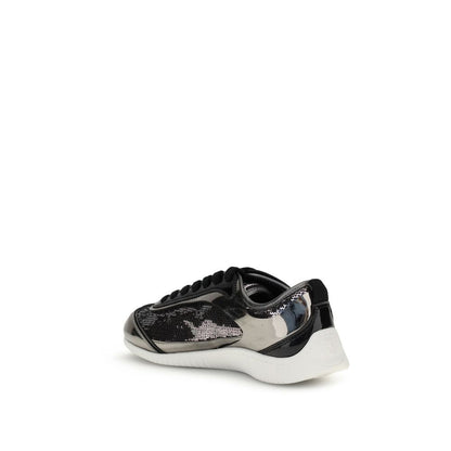 Rear view of PINKO Silver Nylon Chunky Sneakers with sequin details and white rubber sole.