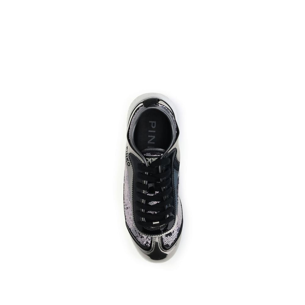 Top view of PINKO Silver Nylon Chunky Sneakers with sequins and logo detail, featuring round toe and lace-up design.