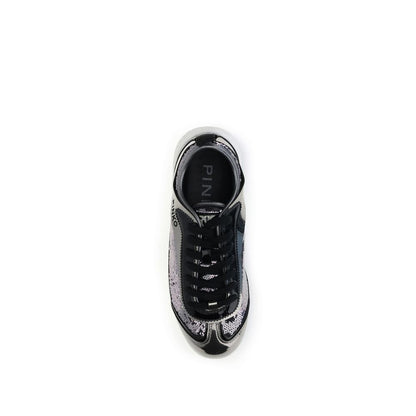 Top view of PINKO Silver Nylon Chunky Sneakers with sequins and logo detail, featuring round toe and lace-up design.