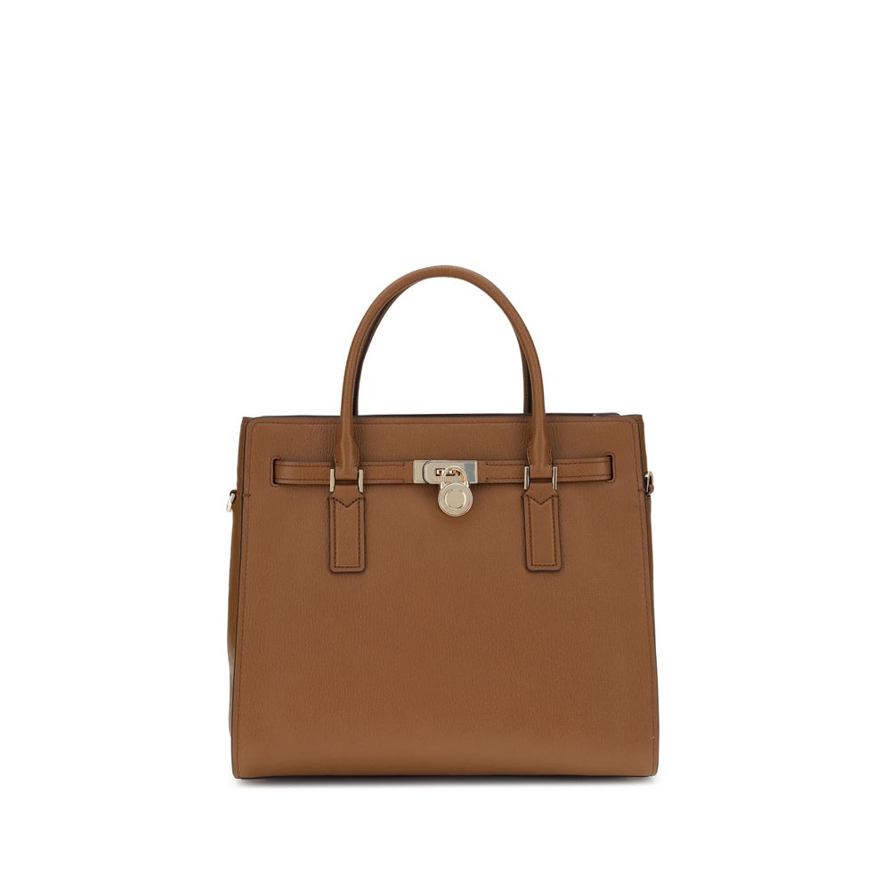 Brown structured handbag with top handles and key lock detail, shown on a white background.