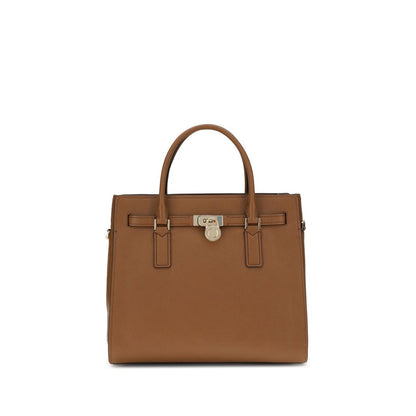 Brown structured handbag with top handles and key lock detail, shown on a white background.