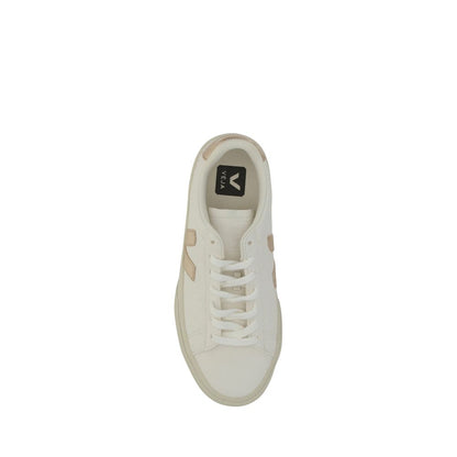 Veja White Calf Leather Bos Taurus Low Top Sneakers with embossed logo tab, lace-up design, and contrasting heel detail, top view.