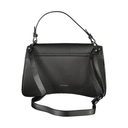 Coccinelle Black Leather Handbag with adjustable strap and multiple compartments, showcasing back design and logo.