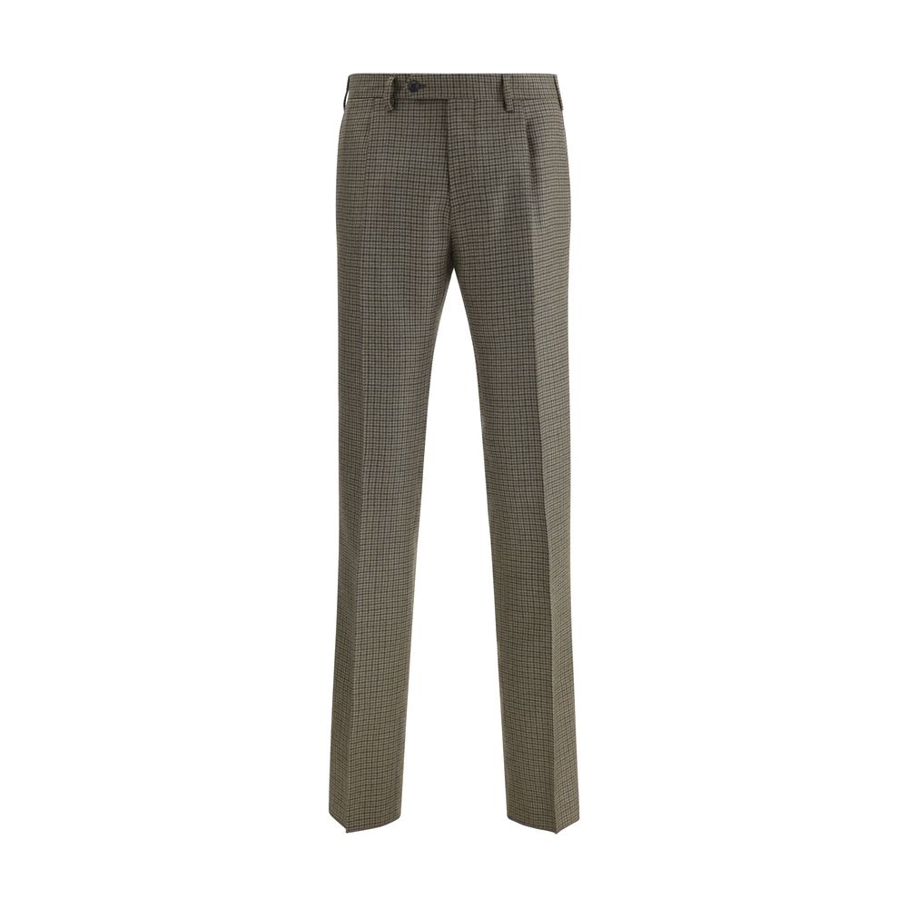 Germano Brown Fleece Wool Casual Pants with houndstooth pattern and straight cut, featuring belt loops and pockets, for AW25 collection.