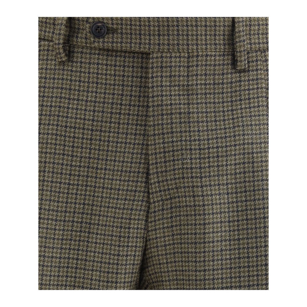 Germano Brown Fleece Wool Casual Pants with houndstooth pattern, straight cut, zipper and button closure, ideal for timeless elegance.