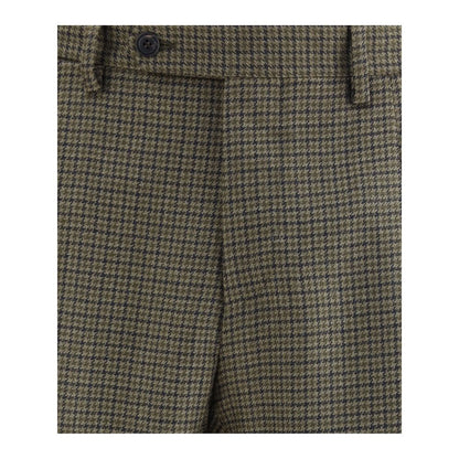 Germano Brown Fleece Wool Casual Pants with houndstooth pattern, straight cut, zipper and button closure, ideal for timeless elegance.