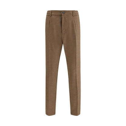 Cruna Brown Fleece Wool Casual Pants with straight-leg design, elasticized waist, and adjustable drawstring, showing two front welt pockets.