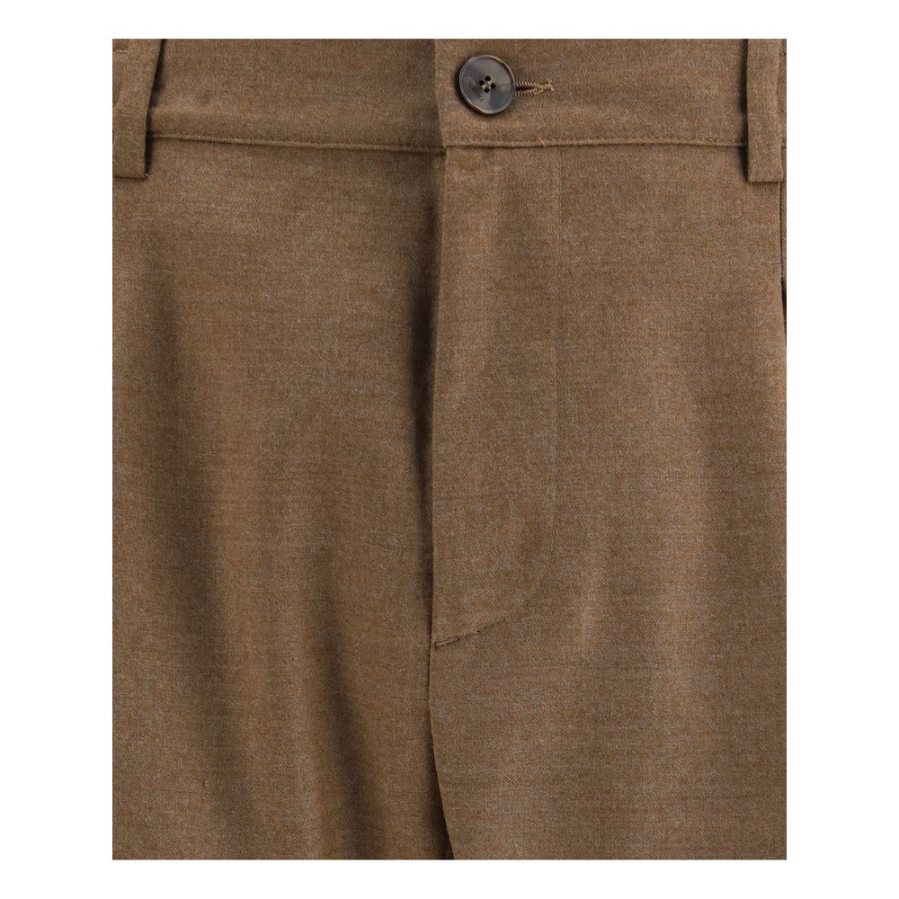 Close-up of Cruna Brown Fleece Wool Casual Pants with buttoned waist and straight-leg design, showcasing elegance and comfort.
