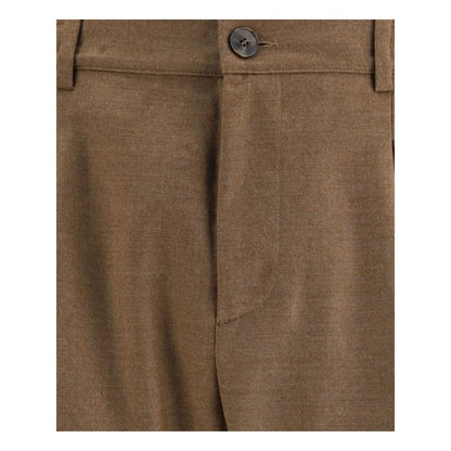 Close-up of Cruna Brown Fleece Wool Casual Pants with buttoned waist and straight-leg design, showcasing elegance and comfort.