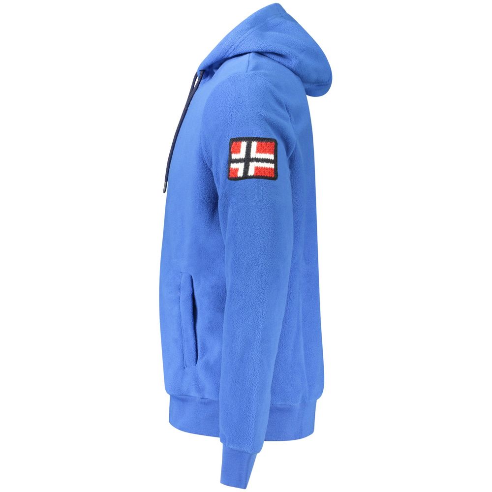 Norway 1963 Blue Polyester Men Sweater with hood and embroidered logo, side view showcasing design and style in vibrant blue fleece.