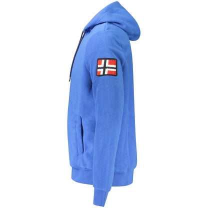 Norway 1963 Blue Polyester Men Sweater with hood and embroidered logo, side view showcasing design and style in vibrant blue fleece.
