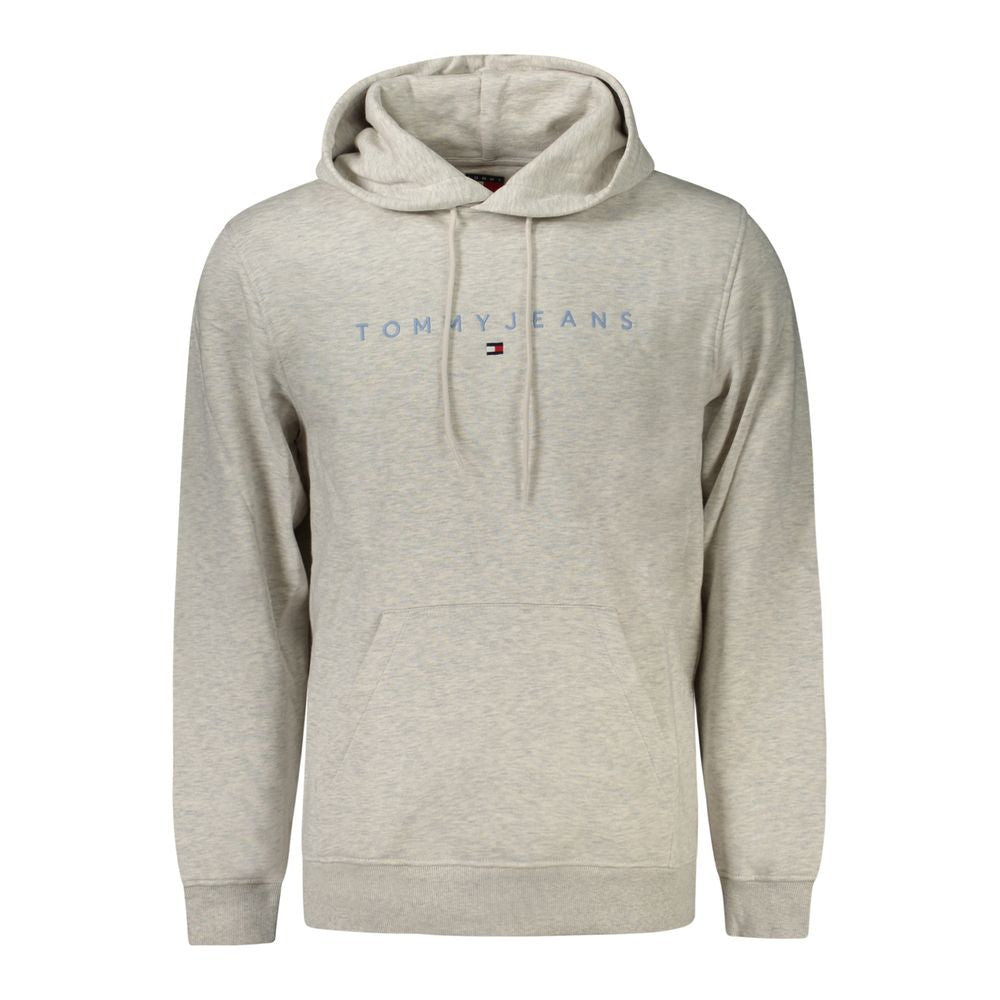 Tommy Hilfiger Gray Cotton Men Sweater with hoodie and logo embroidery on the front, eco-conscious fabric blend.