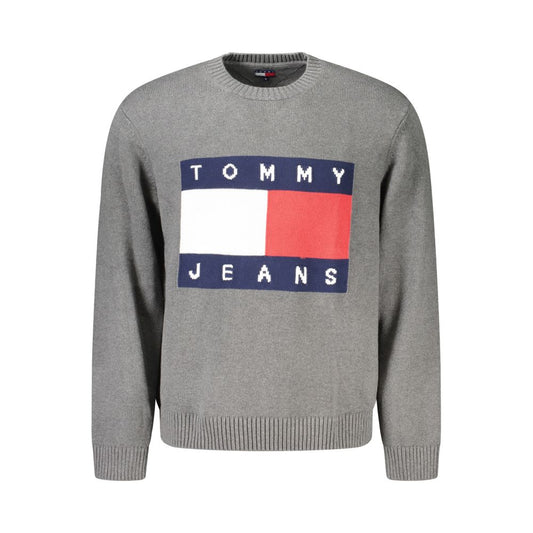 Tommy Hilfiger Gray Cotton Men Sweater with logo embroidery, long-sleeved crew neck, eco-conscious design, classic American style.