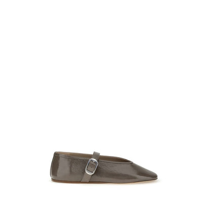 Le Monde Béryl Brown Calf Leather Bos Taurus Ballet Flats with adjustable strap and beveled toe.